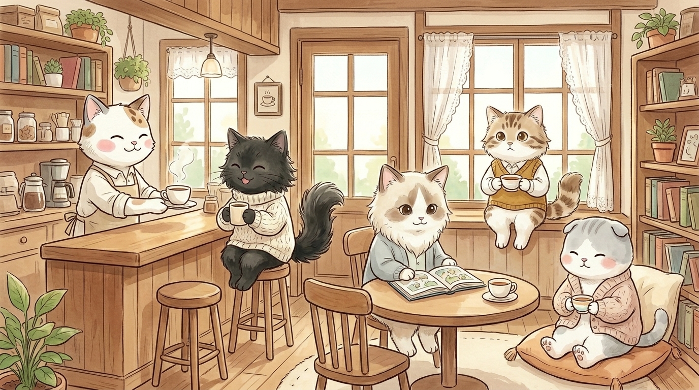 カフェに集う5匹のニャンタル