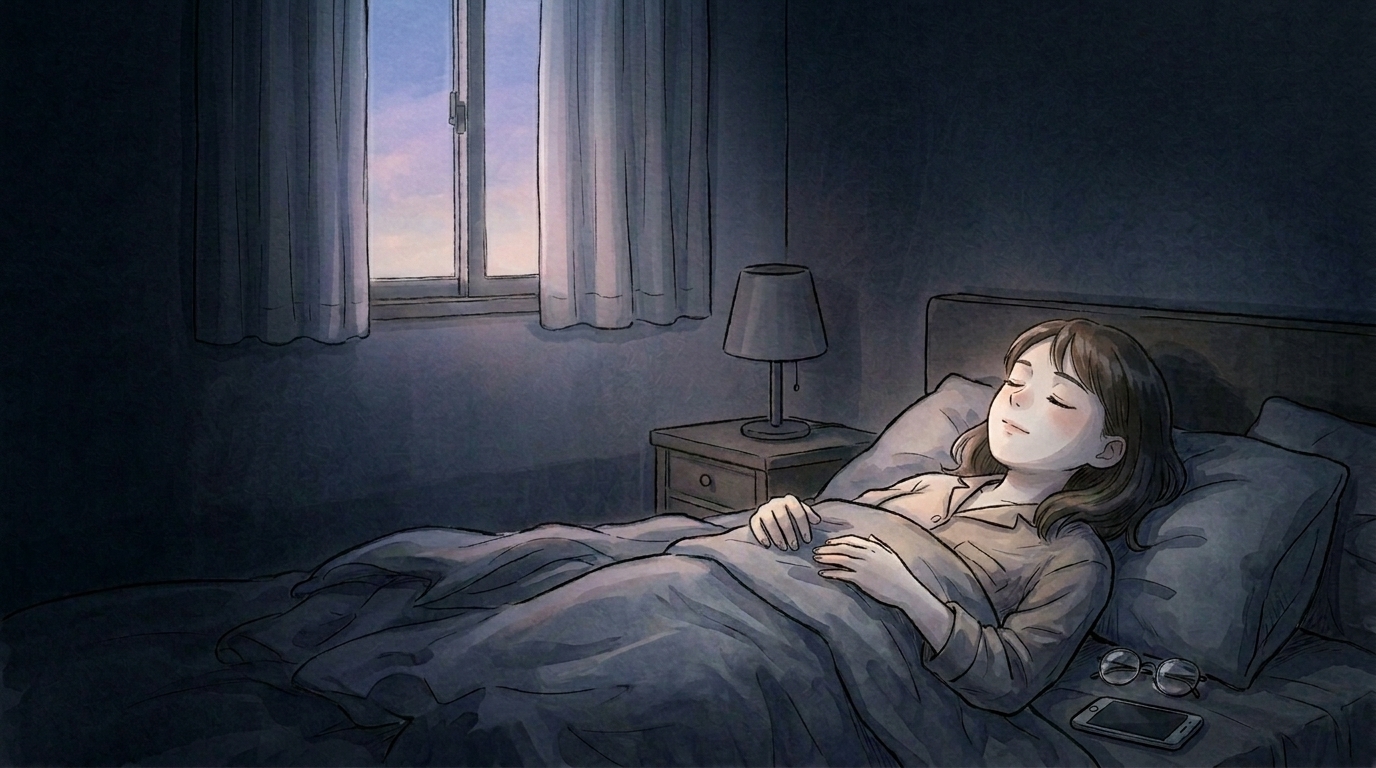 夜明け前、薄紫の空。眠りについた女性の穏やかな顔