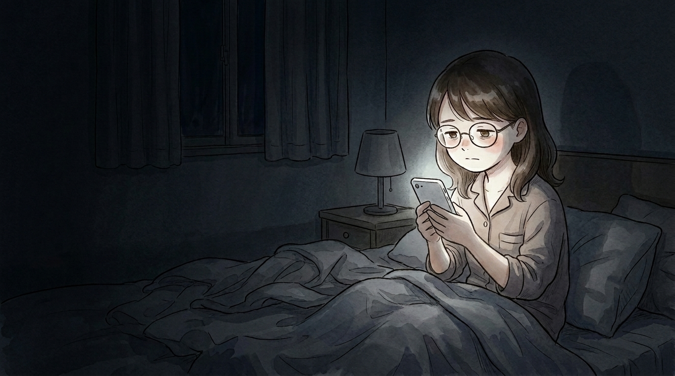 深夜、ベッドの中でスマホの光に照らされる女性