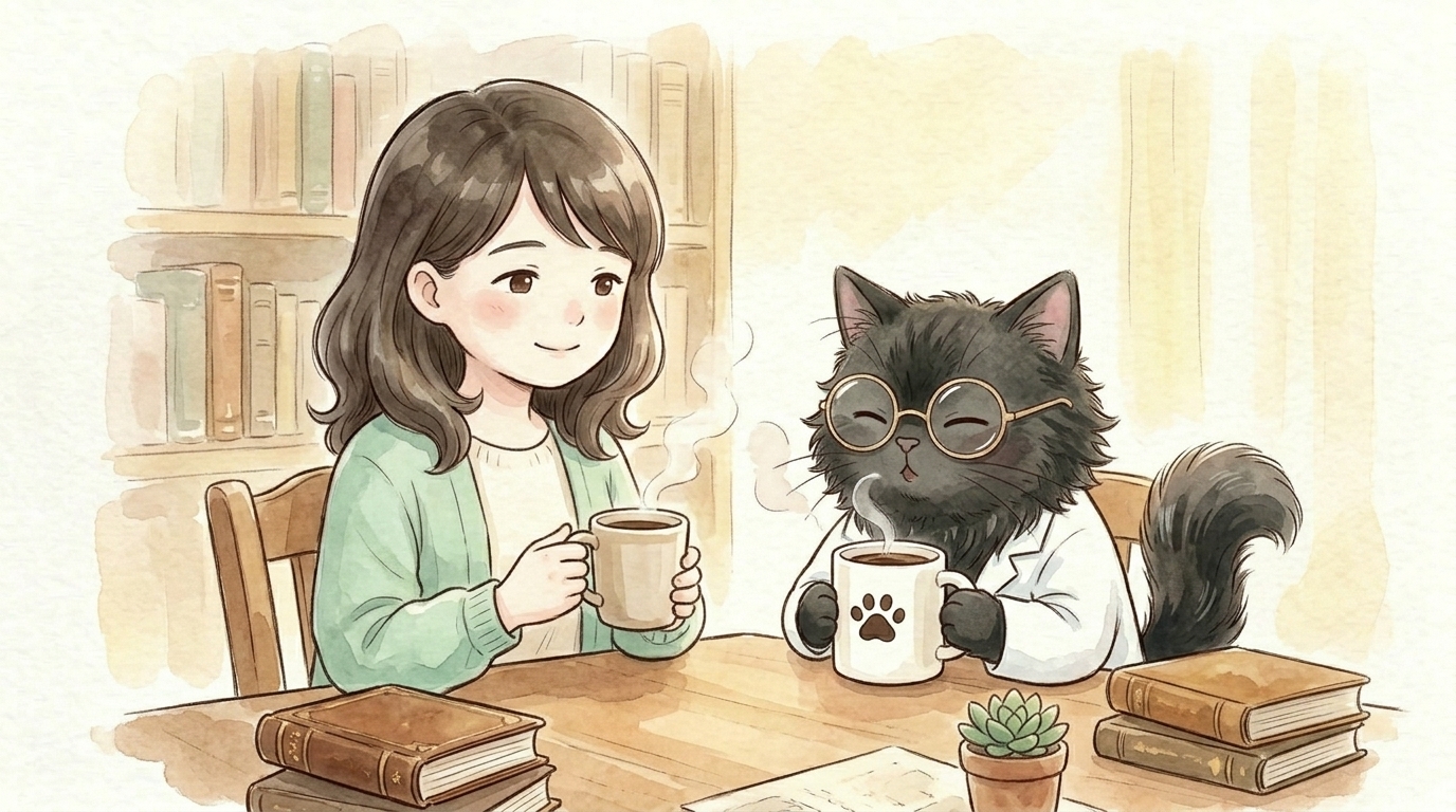 女の子と黒い長毛のニャンタルが、机を挟んで並んでお茶を飲む水彩画