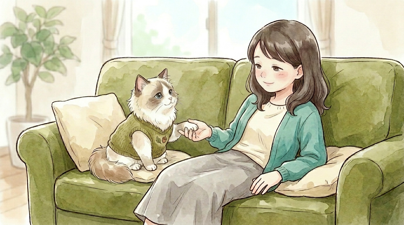 女の子と長毛のニャンタルが、ソファで向き合って話を聞き合う水彩画