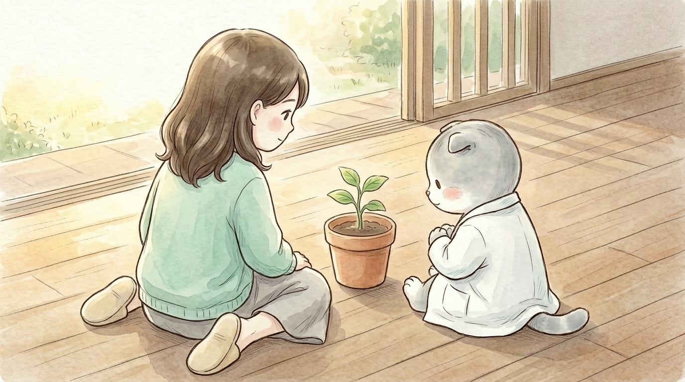 女の子とグレーのニャンタルが、床に座って一緒に鉢植えを見つめる水彩画